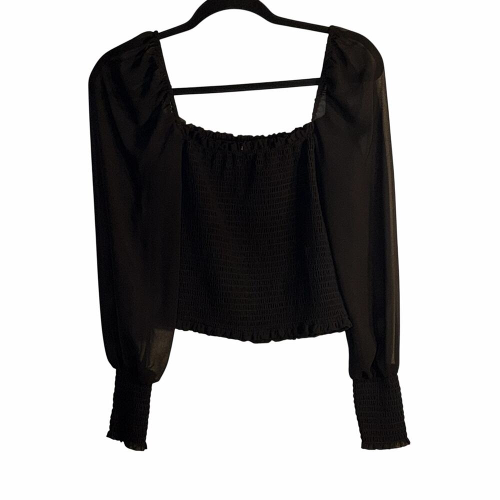 Wilfred Black Smocked Crop Top Sheer Puff Sleeve Blouse Size Small